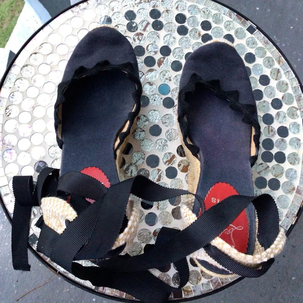 Christian Louboutin Black and Navy Espadrille Wedge Ankle Wrap Ribbon Sandals